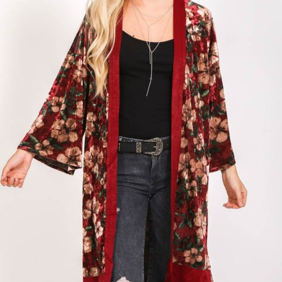 Tops - WINE VELVET FLORAL KIMONO